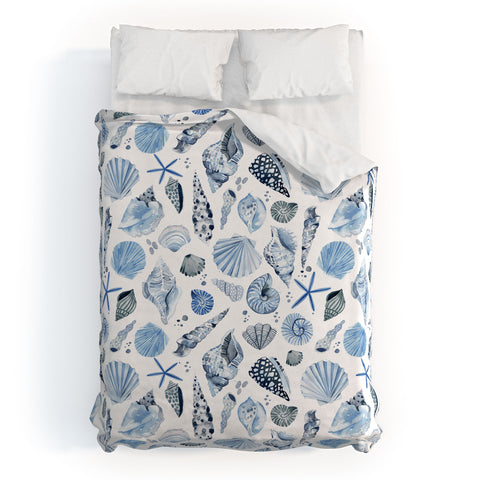 Ninola Design Sea Shells Ocean Marine Coastal Blue Indigo Duvet Cover