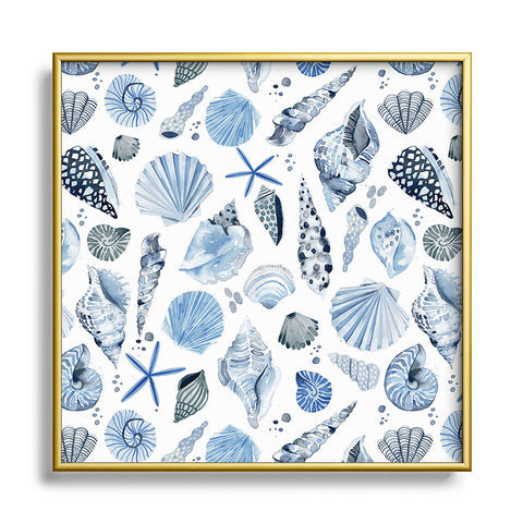 Ninola Design Sea Shells Ocean Marine Coastal Blue Indigo Square Metal Framed Art Print