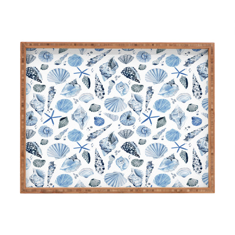 Ninola Design Sea Shells Ocean Marine Coastal Blue Indigo Rectangular Tray