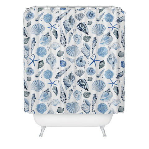 Ninola Design Sea Shells Ocean Marine Coastal Blue Indigo Shower Curtain