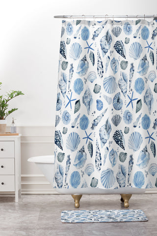 Ninola Design Sea Shells Ocean Marine Coastal Blue Indigo Shower Curtain And Mat