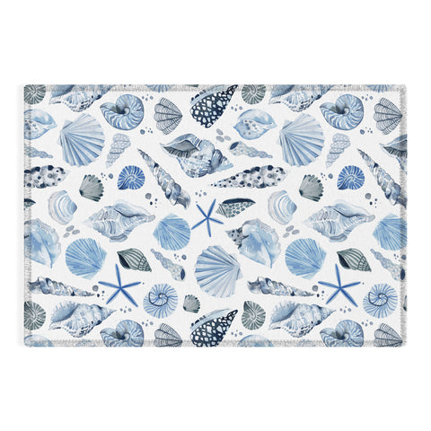 Ninola Design Sea Shells Ocean Marine Coastal Blue Indigo Outdoor Rug