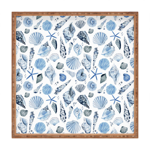 Ninola Design Sea Shells Ocean Marine Coastal Blue Indigo Square Tray