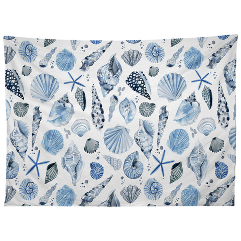 Ninola Design Sea Shells Ocean Marine Coastal Blue Indigo Tapestry