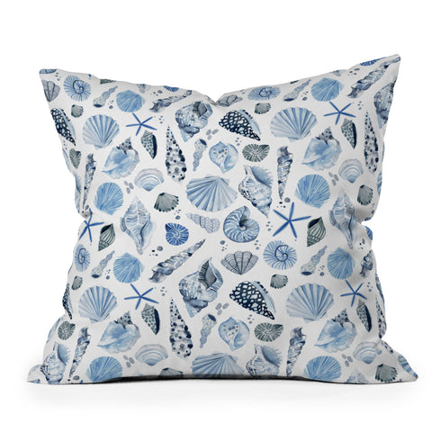 Ninola Design Sea Shells Ocean Marine Coastal Blue Indigo Outdoor Throw Pillow