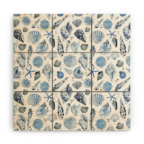 Ninola Design Sea Shells Ocean Marine Coastal Blue Indigo Wood Wall Mural
