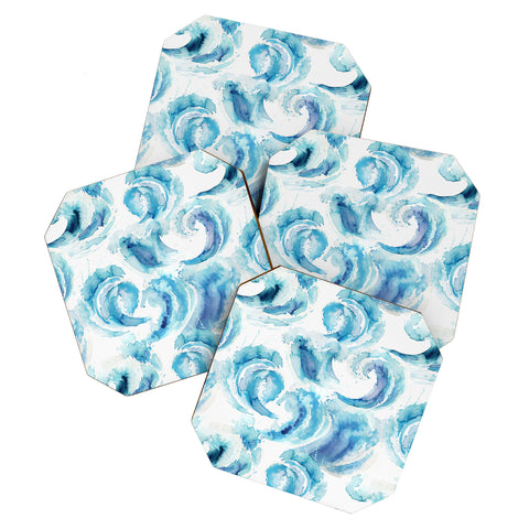 Ninola Design Sea Waves Blue Coastal Marine Watercolor Coaster Set