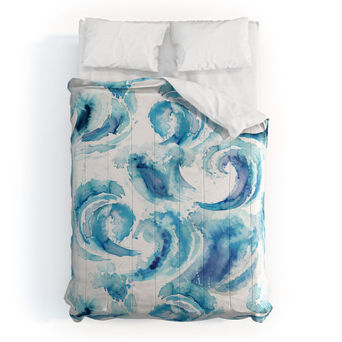 Ninola Design Sea Waves Blue Coastal Marine Watercolor Comforter