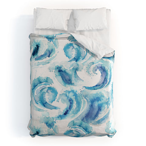 Ninola Design Sea Waves Blue Coastal Marine Watercolor Duvet Cover