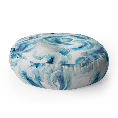 Ninola Design Sea Waves Blue Coastal Marine Watercolor Floor Pillow Round