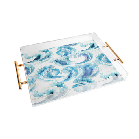 Ninola Design Sea Waves Blue Coastal Marine Watercolor Acrylic Tray