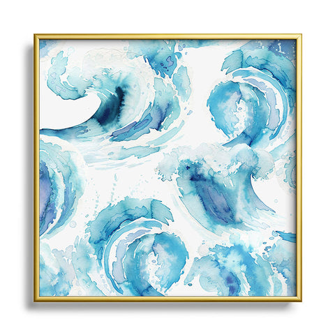 Ninola Design Sea Waves Blue Coastal Marine Watercolor Square Metal Framed Art Print