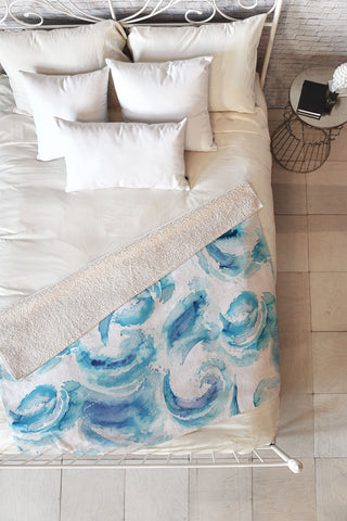 Ninola Design Sea Waves Blue Coastal Marine Watercolor Fleece Throw Blanket