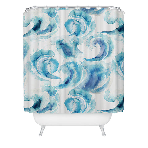 Ninola Design Sea Waves Blue Coastal Marine Watercolor Shower Curtain