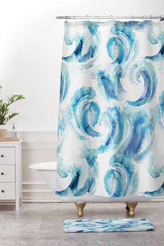 Ninola Design Sea Waves Blue Coastal Marine Watercolor Shower Curtain And Mat