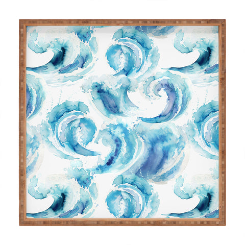 Ninola Design Sea Waves Blue Coastal Marine Watercolor Square Tray