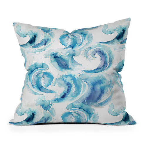 Ninola Design Sea Waves Blue Coastal Marine Watercolor Outdoor Throw Pillow