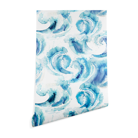Ninola Design Sea Waves Blue Coastal Marine Watercolor Wallpaper