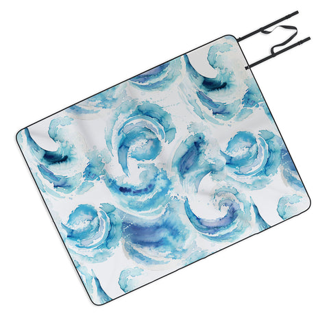 Ninola Design Sea Waves Blue Coastal Marine Watercolor Picnic Blanket