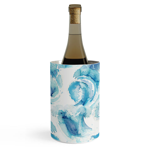 Ninola Design Sea Waves Blue Coastal Marine Watercolor Wine Chiller