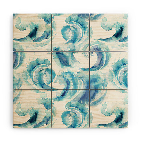 Ninola Design Sea Waves Blue Coastal Marine Watercolor Wood Wall Mural