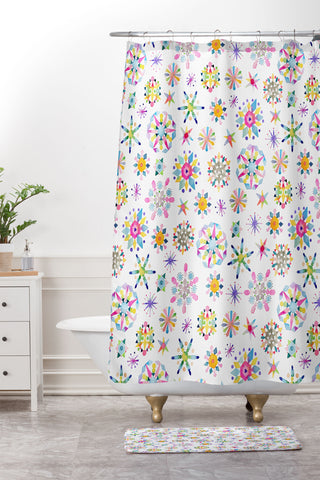 Ninola Design Snow Crystals Stars Multicolored Shower Curtain And Mat