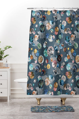 Ninola Design Space Planets Galaxy Dark Grey Shower Curtain And Mat