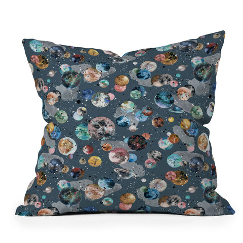 Ninola Design Space Planets Galaxy Dark Grey Outdoor Throw Pillow
