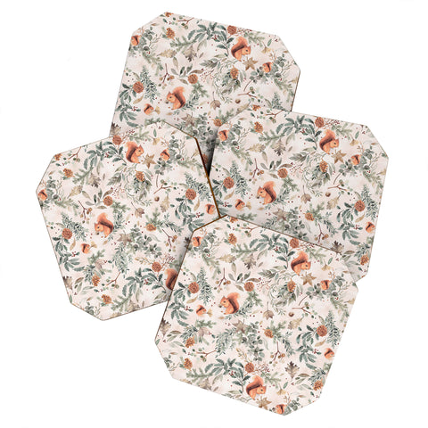 Ninola Design Squirrels Winter Holiday Botanical Coaster Set