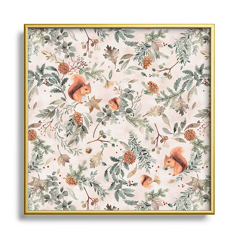 Ninola Design Squirrels Winter Holiday Botanical Square Metal Framed Art Print