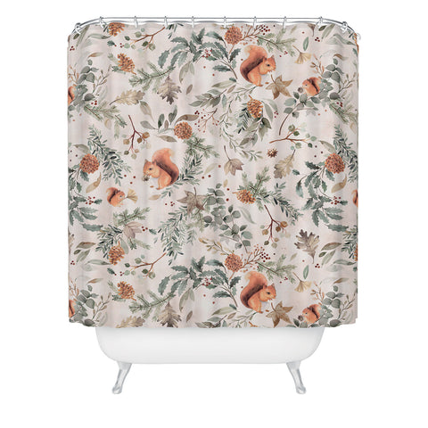 Ninola Design Squirrels Winter Holiday Botanical Shower Curtain