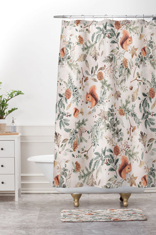 Ninola Design Squirrels Winter Holiday Botanical Shower Curtain And Mat
