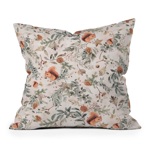 Ninola Design Squirrels Winter Holiday Botanical Throw Pillow