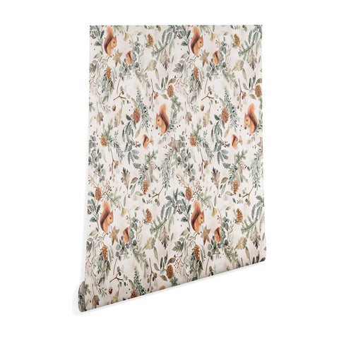Ninola Design Squirrels Winter Holiday Botanical Wallpaper