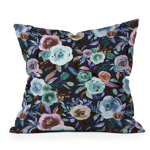 Ninola Design Sweet Romance Flowers Navy Outdoor Throw Pillow