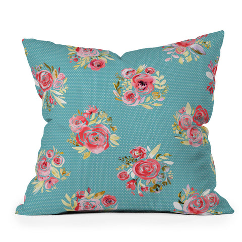 Ninola Design Sweet Roses Blooms Blue Outdoor Throw Pillow