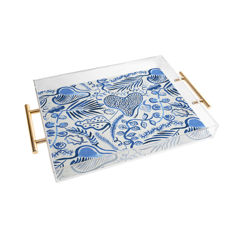 Ninola Design Tropical Forest Leaves Blue Acrylic Tray