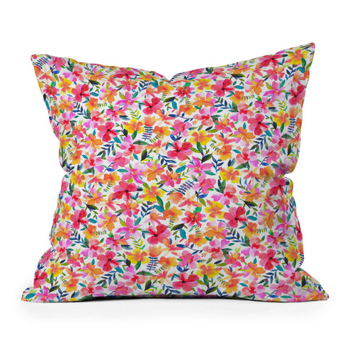 Ninola Design Tropical Hibiscus Flowers Pink Outdoor Throw Pillow