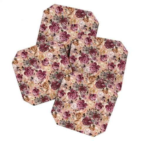 Ninola Design Vintage Peonies Beige Burgundy Coaster Set