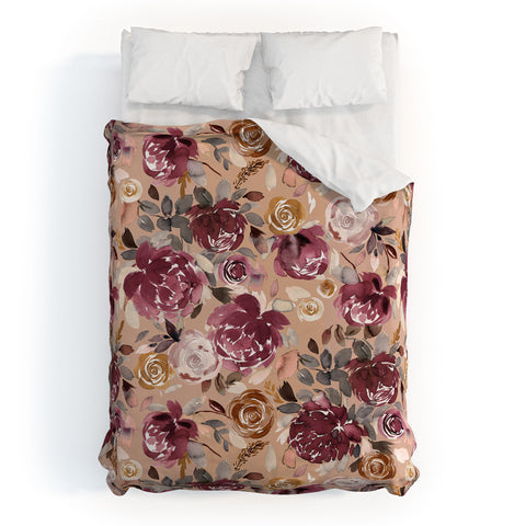 Ninola Design Vintage Peonies Beige Burgundy Duvet Cover