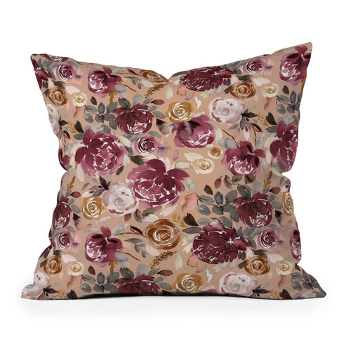 Ninola Design Vintage Peonies Beige Burgundy Outdoor Throw Pillow