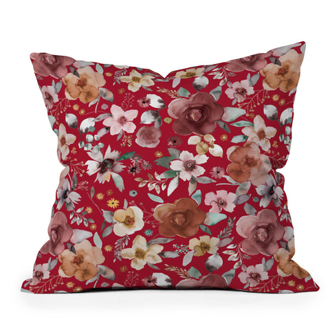 Ninola Design Watercolor flowers bouquet Red Outdoor Throw Pillow