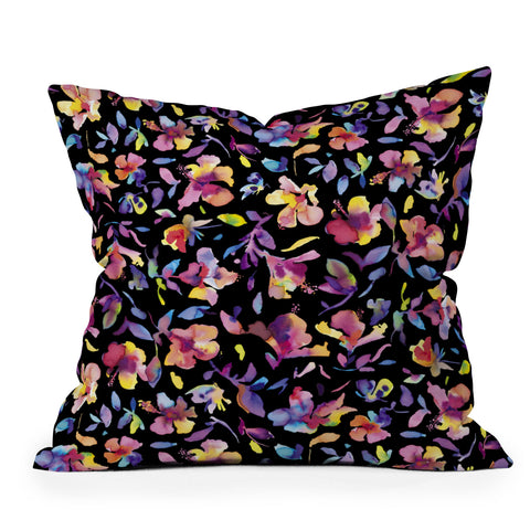 Ninola Design Watercolor Hibiscus Floral Dark Outdoor Throw Pillow