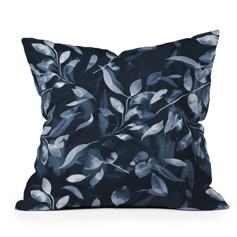 Ninola Design Watercolor Leaves Blue Navy Outdoor Throw Pillow
