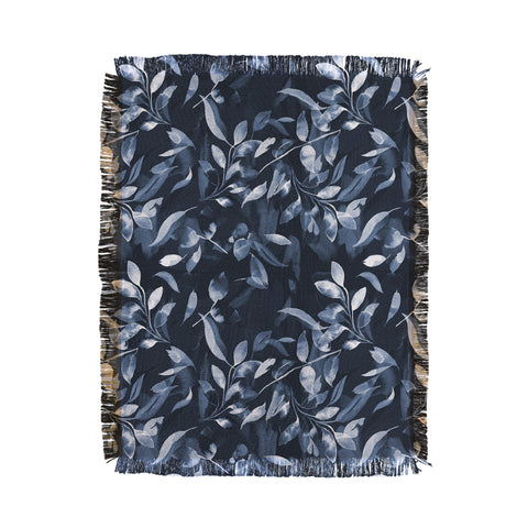 Ninola Design Watercolor Leaves Blue Navy Throw Blanket