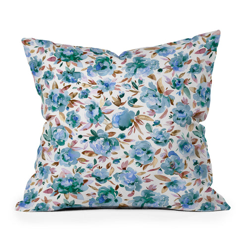 Ninola Design Watercolor Peonies Sky Blue Outdoor Throw Pillow