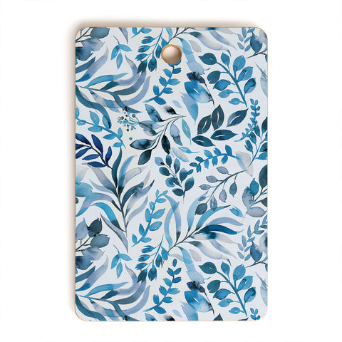 Ninola Design Watercolor Relax Blue Leaves Cutting Board Rectangle