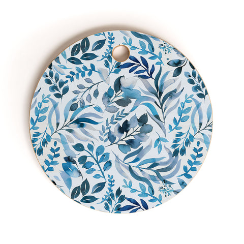 Ninola Design Watercolor Relax Blue Leaves Cutting Board Round