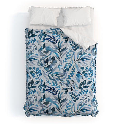 Ninola Design Watercolor Relax Blue Leaves Duvet Cover