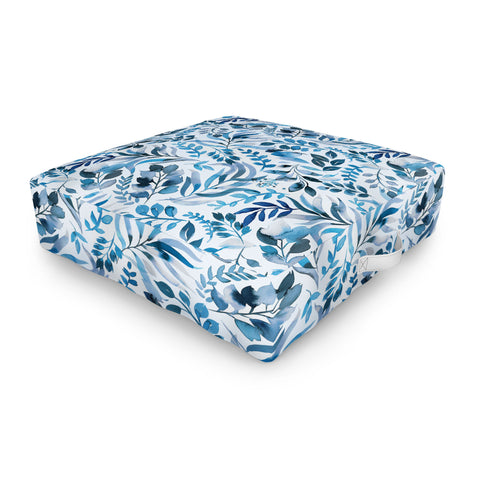 Ninola Design Watercolor Relax Blue Leaves Outdoor Floor Cushion